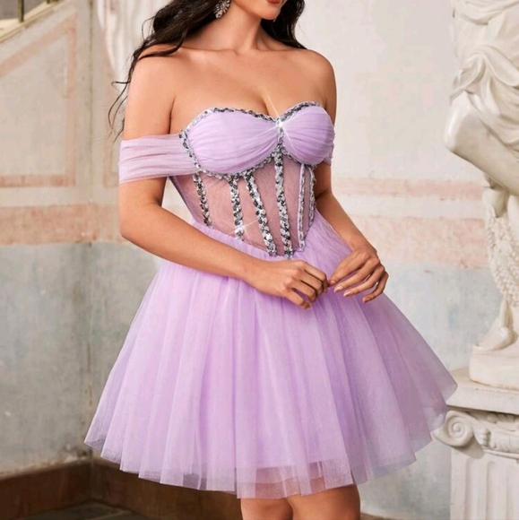 Elegant,Romantic,Retro,Fashionable, Youthful,Purple,Mesh Fabric,Tube Top - Picture 3 of 5